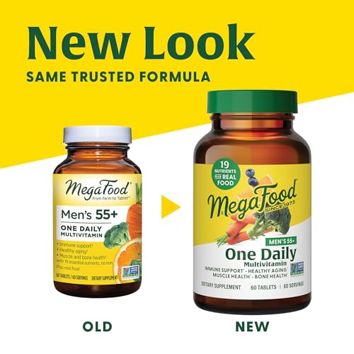 MegaFood Men's 55+ One Daily - Multivitamin for Men with Vitamin B12, Vitamin C, Vitamin D & Zinc - Optimal Aging & Immune Support Supplement - Vegetarian - Made Without 9 Food Allergens - 120 Tabs