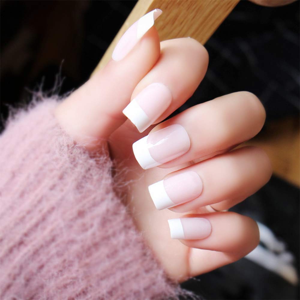 Aimimier 24Pcs French False Nails Simple Pink Nude Glossy Full Cover Artificial Fingernails Medium Square Fake Nails with Glue for Women and Girls (Style 8)