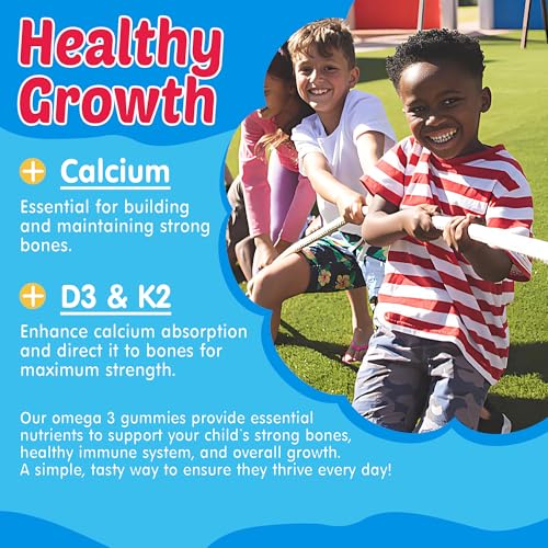 Kids Omega 3 Gummies with Calcium, Vitamin D3 & K2, C, Omega-3 DHA Gummies - Focus and Memory, Bone Growth & Immune Support, Kids Omega 3 Supplement - No Fish Taste, Non-GMO, Chewable, 2 Pack