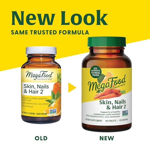 MegaFood Skin, Nails & Hair 2 - Vitamins For Women & Men - Biotin, Vitamin A, Vitamin C, Zinc, Vitamin B6, Vitamin E, Pantothenic Acid - Vegan - Made Without 9 Food Allergens - 90 Tabs (45 Servings)