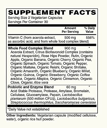 Modern Organics Vitamin C | 500mg Whole Food Vitamin C from Acerola Cherry Extract with Citrus Bioflavonoid Complex | 23 Organic Fruits & Vegetables Blend | Probiotics and Enzymes | 60 Vegan Capsules