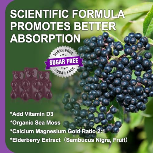 Sugar Free Calcium Magnesium Zinc Gummies with Elderberry and Sea Moss, Calcium Magnesium 2:1, Magnesium Glycinate, Potassium and Vitamin D3 for Bones, Muscles, Calm Mood & Sleep Support, 60 Gummies