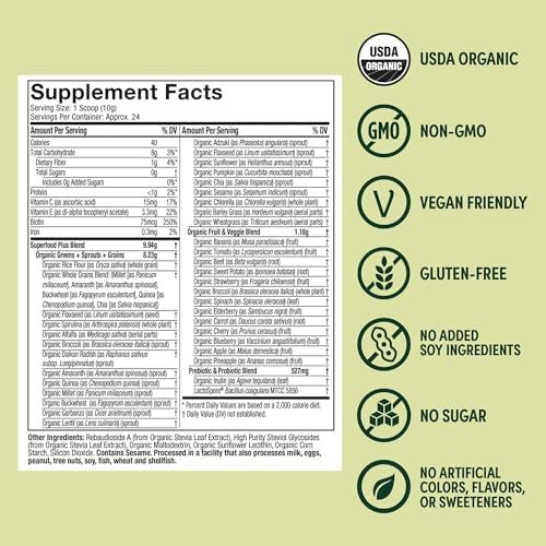 Purely Inspired Organic Green Powder Smoothie Mix, Unflavored (24 Servings) - Probiotics for Digestive Health with Spirulina & Chlorella for Gut Health - Vegan & Gluten-Free