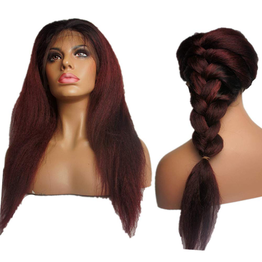 Human Hair Ombre Lace Front Wigs, N.L.W. Brazilian Hair Kinky Straight Wigs for Black Women, T1b/99j Ombre Color Italian Yaki Wigs with Baby Hair 16 Inches