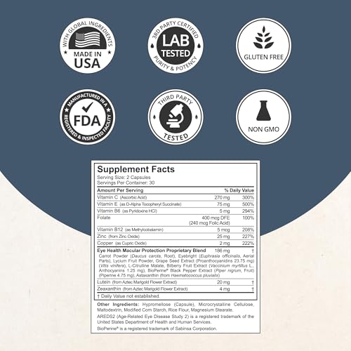 NuBest AREDS 2 Eye Vitamins Eye Health with Beta Carotene Carrot Powder, 20mg Lutein, 4mg Zeaxanthin, Bilberry, Grape Seed, BioPerine, B-Complex, Multivitamin for Eye Health - 60 Vegan Capsules