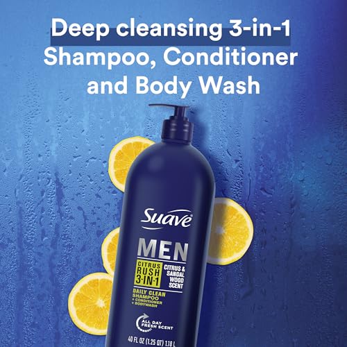 Suave Shampoo Conditioner Bodywash Men 3 in 1 Citrus & Sandal Wood to Cleanse and Nourish Hair and Skin, 40 oz Pack of 3