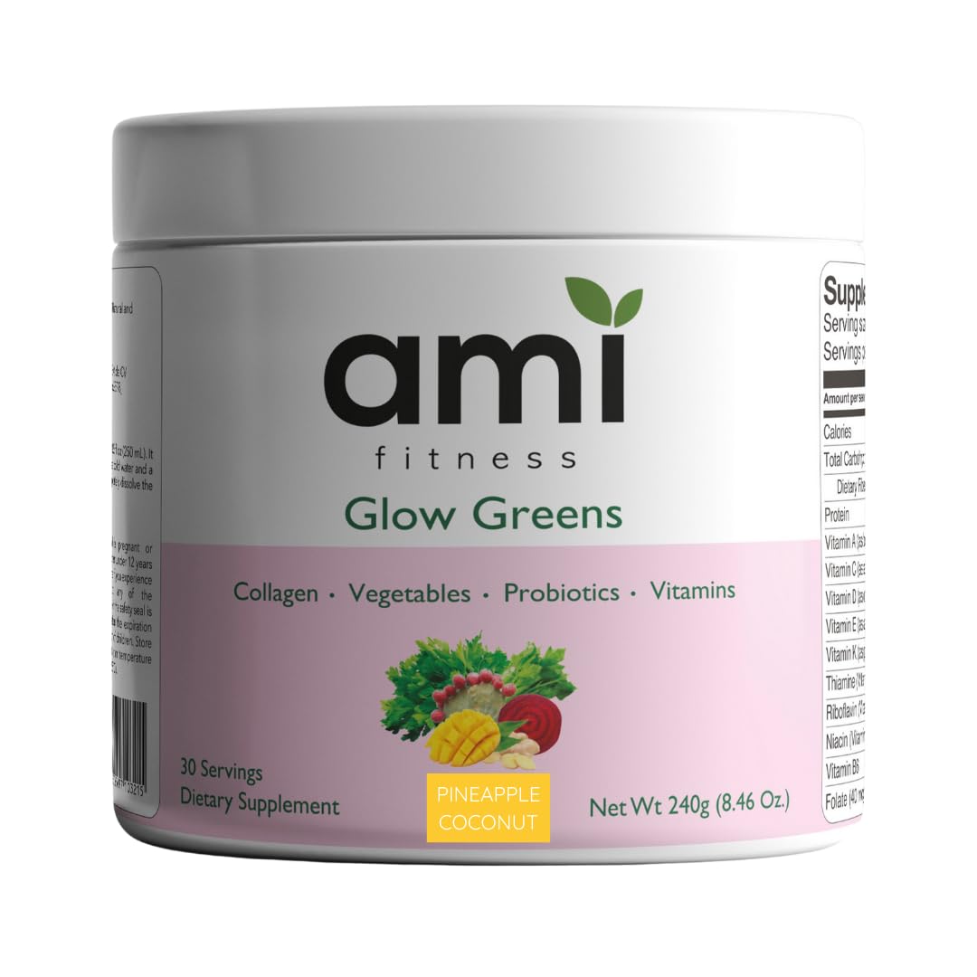 Ami Fitness Glow Greens Powder, Collagen with Probiotics, Vitamins, Digestive Enzymes, Superfoods, Gut Health, Bloating Relief, Radiant Skin, Natural Glow, Spirulina, 30 SVG, Pineapple Coconut