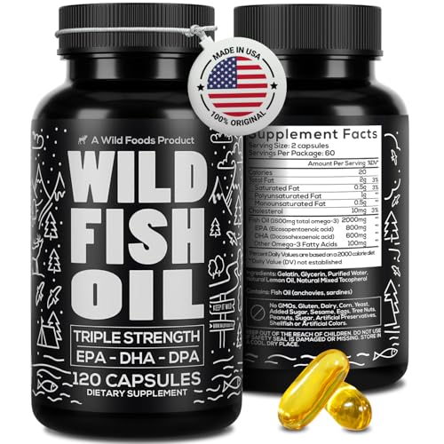 Wild Foods Omega 3 Fish Oil Supplement, 120 Capsules (1 pk) | Wild Caught, Burpless, Odorless, Non-GMO, Gluten Free | DPA, DHA, EPA Triple Strength Heart & Joint Nutrition for Women & Men