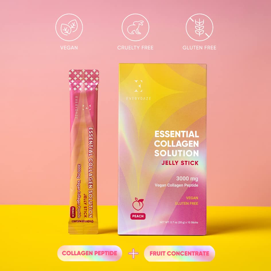 EVERYDAZE Essential Collagen Solution Jelly Stick | Vegan Collagen Peptide | Peach | 10 Packs | Hair, Skin, Nails, Beauty, Bone | Vitamins, Minerals, Antioxidants for Men & Women