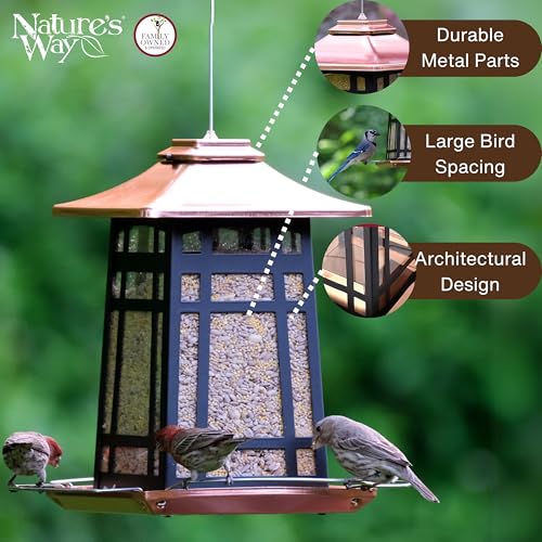 Nature's Way Outdoor Garden Décor Hanging Wild Bird Seed Feeder, Metal Copper Gazebo Feeder, Easy Fill, Rain Drainage, Black and Copper