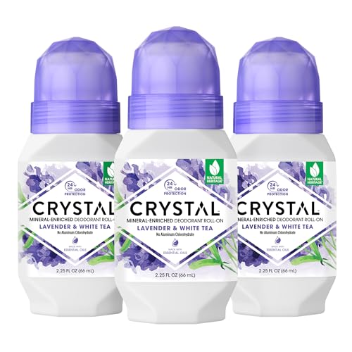 CRYSTAL Deodorant Aluminum Free Mineral Deodorant Roll-On for Women & Men, Lavender & White Tea - Paraben Free - Certified Cruelty Free & Vegan Deodorant - Prevents Odor Up to 24 Hours ,2.25 Fl Oz (Pa