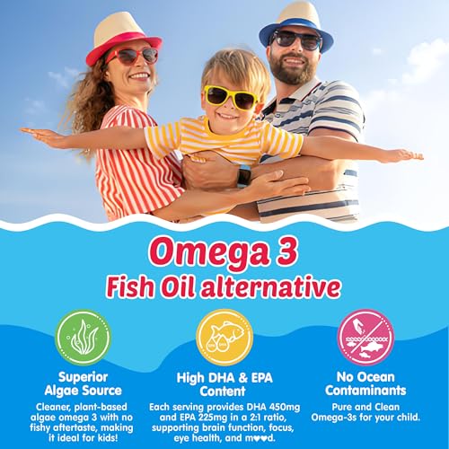 Kids Omega 3 Gummies with Calcium, Vitamin D3 & K2, C, Omega-3 DHA Gummies - Focus and Memory, Bone Growth & Immune Support, Kids Omega 3 Supplement - No Fish Taste, Non-GMO, Chewable, 2 Pack