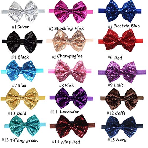 CellElection 15Pcs Baby Girls Headbands 4'' Big Boutique Bling Sparkly Glitter Sequin Hair Bows Headband Elastic Hair Bands Hair Accessories for Toddlers Infants Newborns