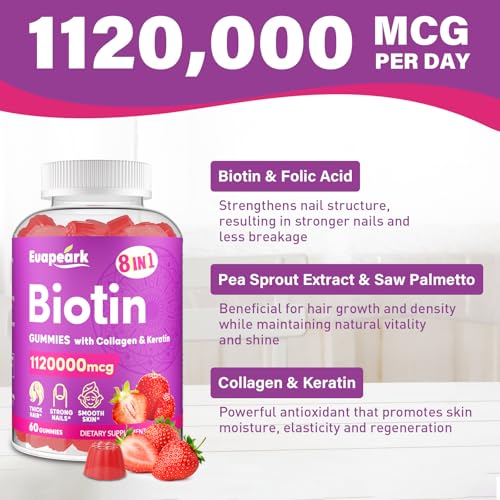 Biotin Gummies for Women and Men, 8 in 1 Organic Formula, Max Strength Biotin and Collagen Gummies with Keratin, Folic Acid & Vitamins, for Hair Growth, Skin and Nails Supplement, Sugar Free,120 Count
