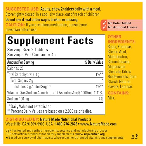 Nature Made Extra Strength Dosage Chewable Vitamin C 1000 mg per serving, Dietary Supplement for Immune Support, 90 Tablets, 45 Day Supply