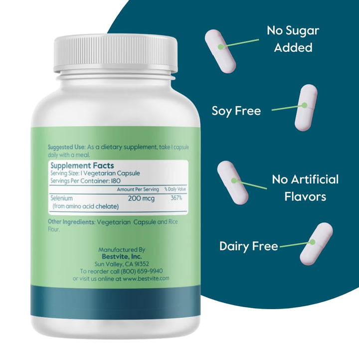 BESTVITE Selenium 200mcg (180 Vegetarian Capsules) - No Stearates - No Flow Agents - Vegan - Non-GMO - Gluten Free