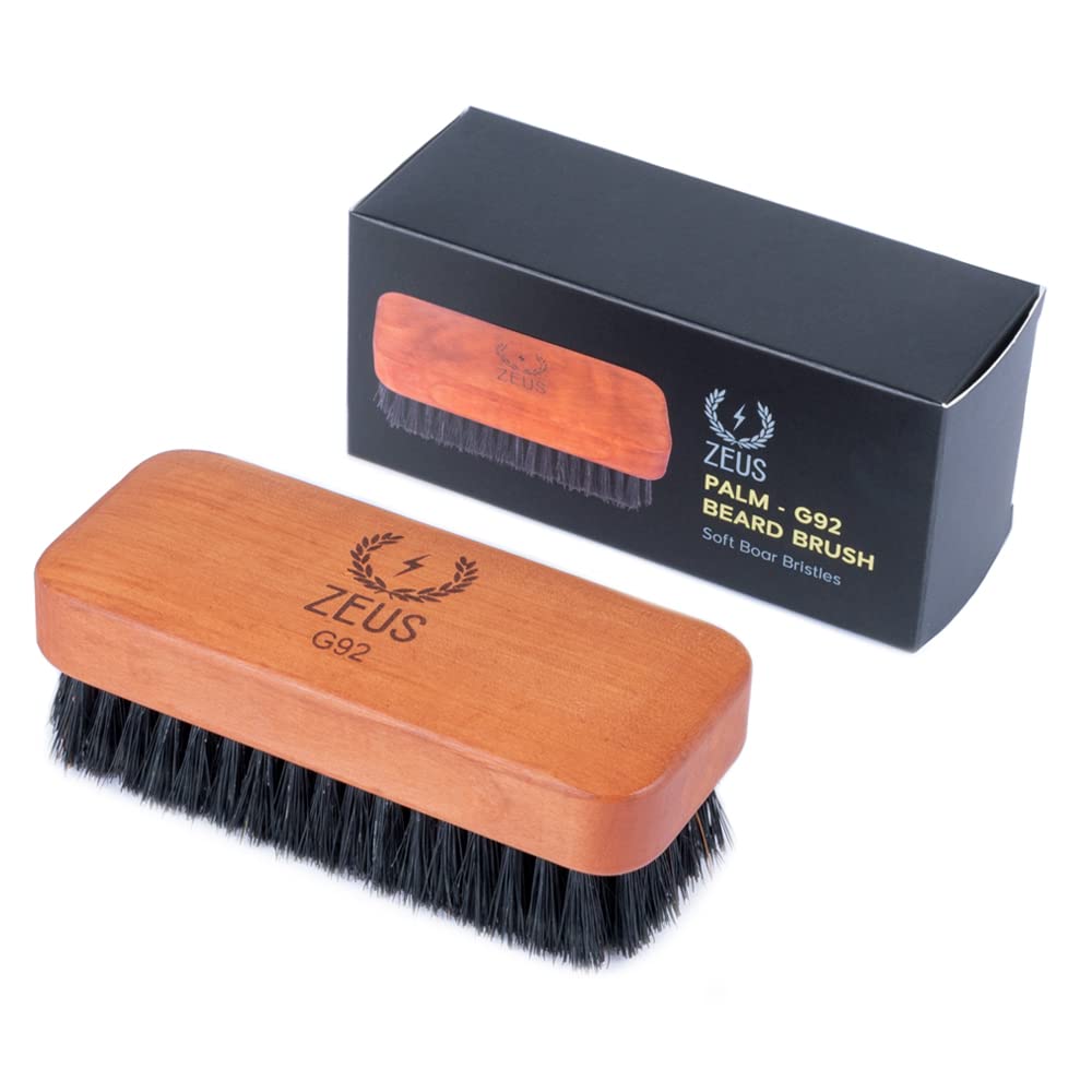 Zeus 100% Boar Bristle Beard Brush for Men - Medium Firm Bristles, Military-Style Palm Brush for Softer, Healthier and More Lustrous Beards - Made in Germany
