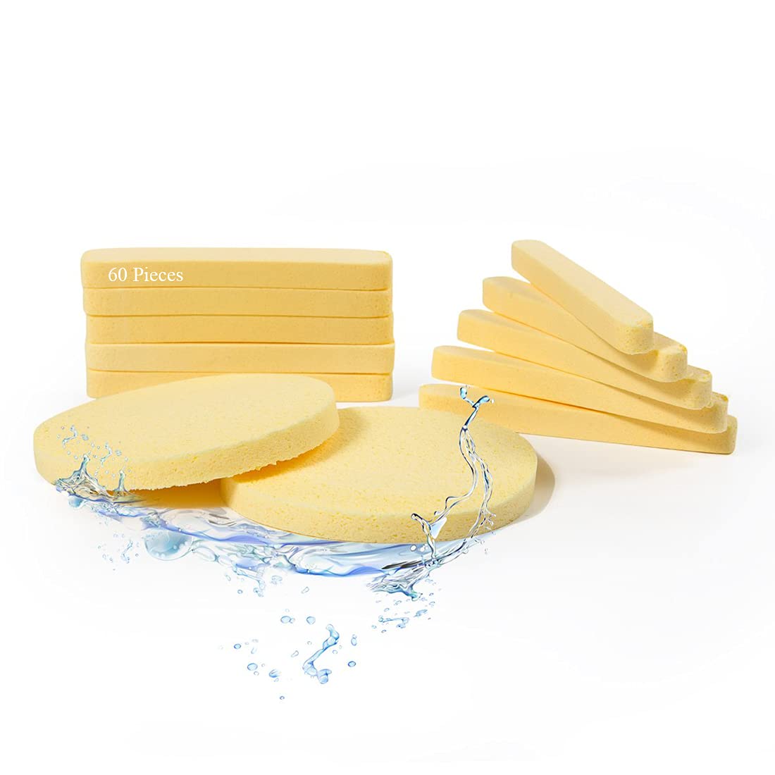 JMT Beauty 60 Pcs, Yellow: Beauty Compressed Facial Sponges 60 Pcs, Facial Cleansing Sponge, Makeup Round Facial Wash Pads Cosmetic Face Exfoliating For Women