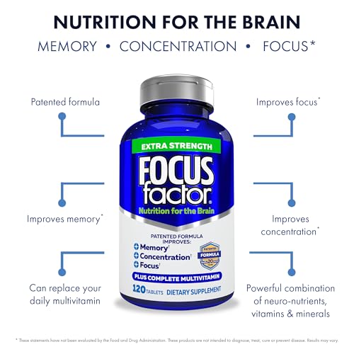 Focus Factor Adults Extra Strength, 120 Count - Brain Supplement for Memory, Concentration and Focus - Complete Multivitamin with DMAE, Vitamin D, DHA - Trusted Health Vitamins