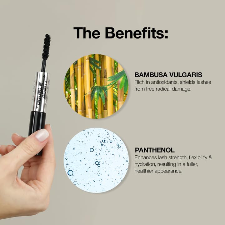 Palladio Double Agent Lash Extender Undercover Fiber Booster Mascara, dual lash system, increase eyelash length and volume, boost lashes for a bold dramatic look, voluminous makeup mascara, Jet Black