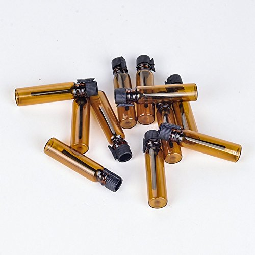 Enslz 100Pieces Amber Glass Mini Small Empty Perfume Sample Bottles Travel Refillable Aromatherapy Essential Oils Liquid Fragrance Sample Vials With Black Caps (1ml)