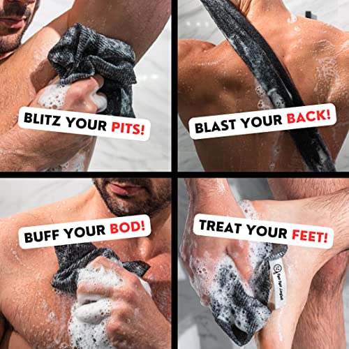 Extra Rough Exfoliating Washcloth - Extreme Body & Back Scrubber for Shower, Extra Long, Hygienic Exfoliator Wash Cloth, Men Or Women, 2 Count Pack, 1 Black & 1 Grey Color, Bye Bye Loofah