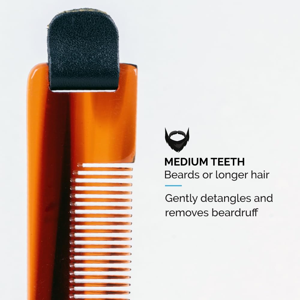 Zeus Handmade Saw-Cut Pocket Beard Comb with Leather Sheath - 5.25” x 1” - Static-Free, Fine-Toothed Comb for Beards and Mustaches