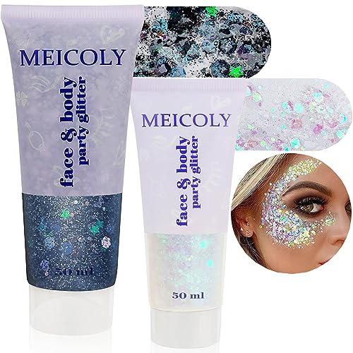 MEICOLY Black and Clear White Face Body Glitter Set,Mermaid Face Glitter Gel,Singer Concerts Festival Rave Accessories,Chunky Sequins Glitter Face Paint for Women and Kids,Sparkling Glitter Makeup
