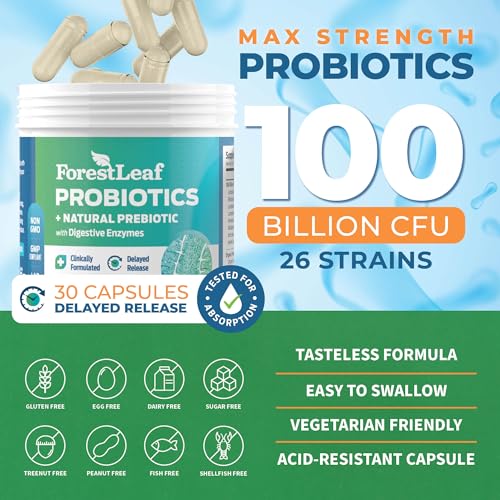 ForestLeaf Clinically Studied Probiotics 100 Billion CFU, 26 Strains with Organic Prebiotic Blend & Digestive Enzymes - Probiotic Prebiotic for Men & Women - Probiotics Digestive Health (30 Capsules)