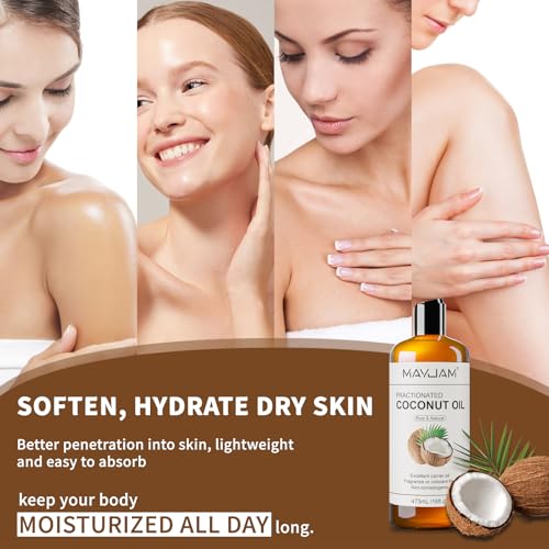 MAYJAM Pure Fractionated Coconut Oils Liquid 16 fl oz Bottle Natural Lightweight Massage Oil Hair Moisturizer,Skin,Relaxing Massage and Body Oils,Perfect Carrier Oil for Essential Oils Mixing