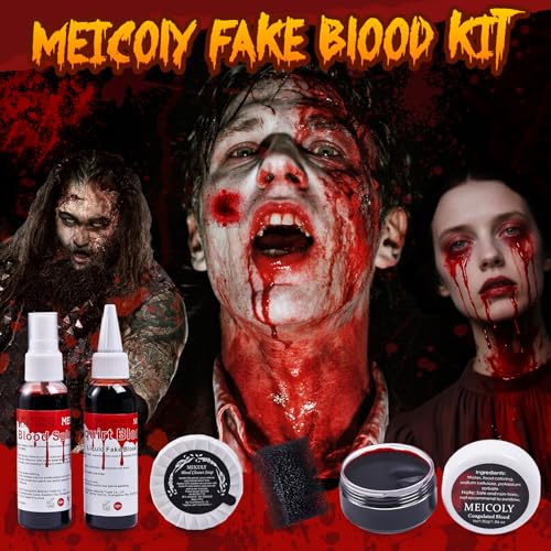 MEICOLY 5PCS Halloween Fake Blood Makeup Kit,Special Effects SFX Makeup for Zombie Vampire Monster Cosplay,2.1oz Fake Blood Spray+2.1oz Dripping Blood+Coagulated Blood+Cleansing Soap+Stipple Sponge