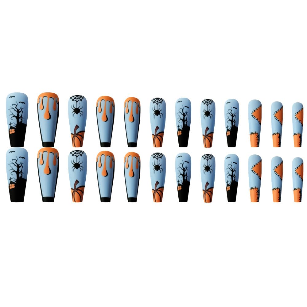 false nails,Blue long nails,Soft Gel Press - on Nails: Unique Blue with Palm Tree & Bow Designs, 24 nail sizes,Natural Fit