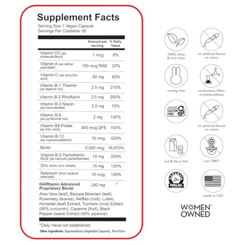 HAIRtamin Vegan Hair Vitamins for Faster Growth | All Natural Biotin Capsules to Support Healthy Hair, Skin and Nails | May Reduce Loss & Thinning | 30 Capsules (1)