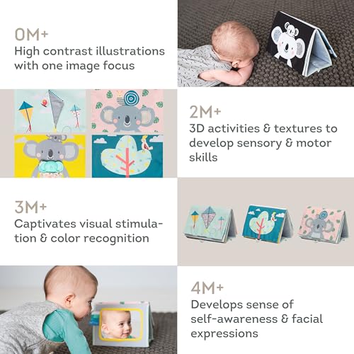 Tummy Time Toys High Contrast Baby Book. Fun, Interactive Crinkle Books for Babies with Mirror & Soft Koala Teether - Baby Tummy Time Book by Taf Toys