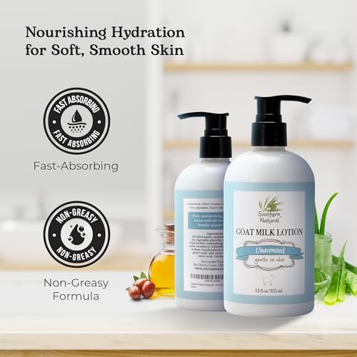 Southern Natural Goat Milk Lotion – Nourishing Face, Body & Hand Moisturizer for Dry & Sensitive Skin - Hydrating Cream, Gentle Skincare for Soft & Smooth Feel - Unscented 12oz