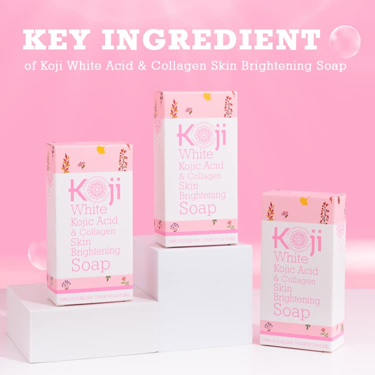 Koji White Kojic Acid & Collagen Skin Brightening Soap for Face & Natural Glowing Skin - Moisturizer, Body Cleansing Bar, Reduce the Appearance of Wrinkles, Vegan, Paraben-Free, 2.82 oz (2 Bars)