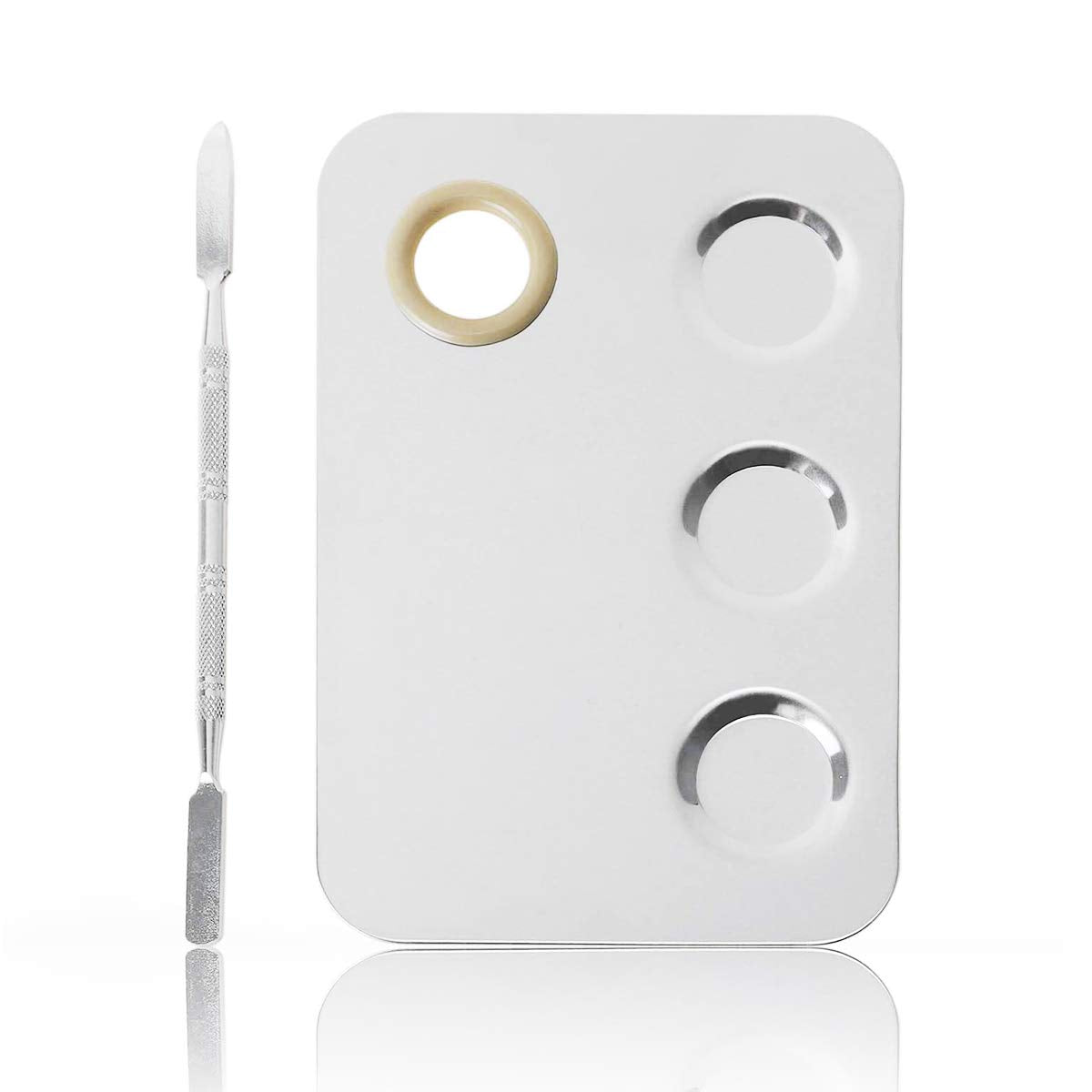 PrettyDate Makeup Palette 6x4inch Stainless Steel 3-well Nail-art Cosmetic Artist Mixing Palette with Spatula Tool for Mixing Foundation Silver