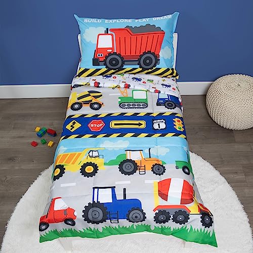 Baby Boom Funhouse Construction Area 4 Piece Toddler Bedding Set, Trucks – Includes Comforter, Sheet Set – Fitted + Top Sheet + Reversible Pillowcase for Boys Bed, Blue