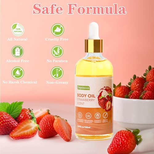 Umpeimvon 2 Pack 3.38 fl.oz Strawberry Body Oil after Shower, Vitamin C & E Gua Sha Body Oils Scented Body Oils for Women, Dry Body Oil Juice for Skin