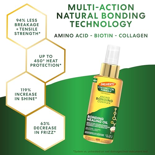 Palmer's Amino Bonding Complex Hair Oil, Healing Treatment with Coconut Oil & Vitamin E, Heat Protectant, Anti Frizz, Adds Shine, Strengthens & Protects Hair Growth, All Hair Types, 4 fl oz