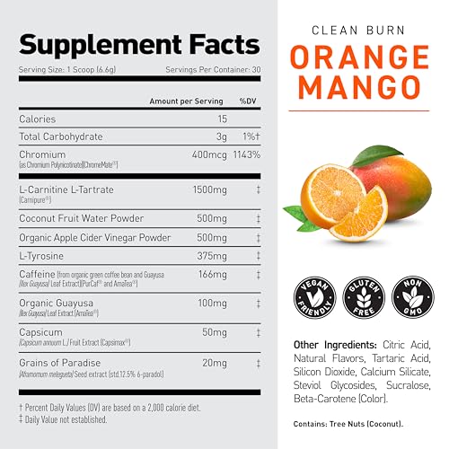 Kaged Thermogenic Powder | Clean Burn | Orange Mango | Men & Women | Weight Management Supplement | Organic Caffeine | Apple Cider Vinegar | 30 Servings
