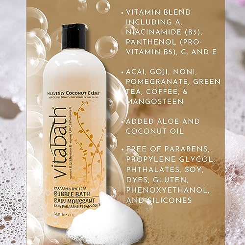 Vitabath Heavenly Coconut Crème Bubble Bath Rich Foaming Bubbly Soak & Relaxing Aromatherapy Moisturizing & Nourishing Indulgent Suds for Women & Men All Skin Types - 33.8 fl oz