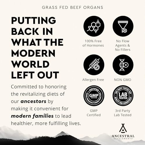 Ancestral Supplements Grass Fed Beef Organ Supplement, Supports Whole Body Wellness with Proprietary Blend of Liver, Heart, Kidney, Pancreas, Spleen, Freeze-Dried Beef, Non-GMO, 180 Capsules