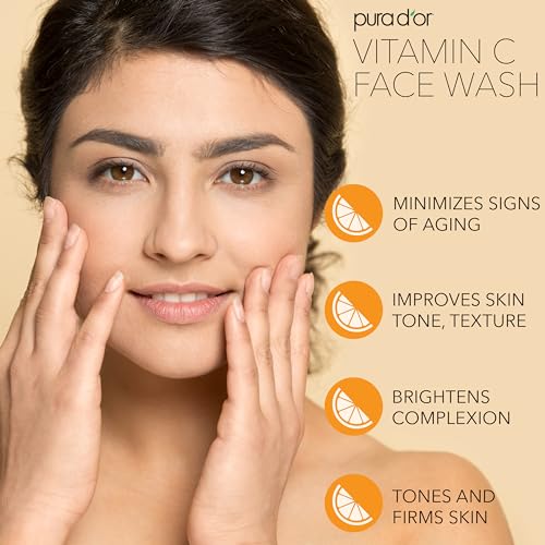 PURA D'OR 8 Oz Vitamin C Face Wash - Antioxidant Rich Facial Cleanser For Radiant Glow & Even Skin Tone - Gentle, Refreshing, Nurturing, Hydrating - Sulfate & Paraben Free - All Skin Types