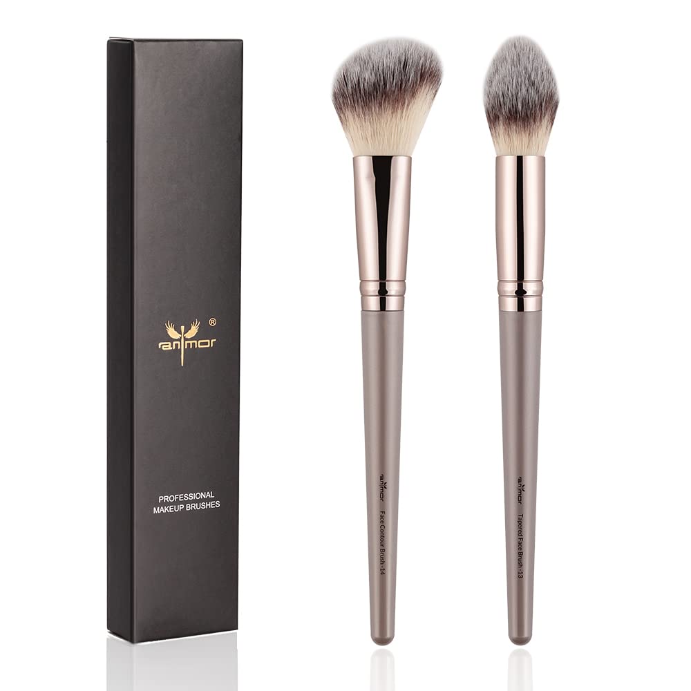 Anmor Contour and Highlighter Brush Set, Premium Blush Bronzer Face Makeup Brush Kit, Perfect for Cheek Nose Blending Contouring (Champagne, Contour/Highlighter)
