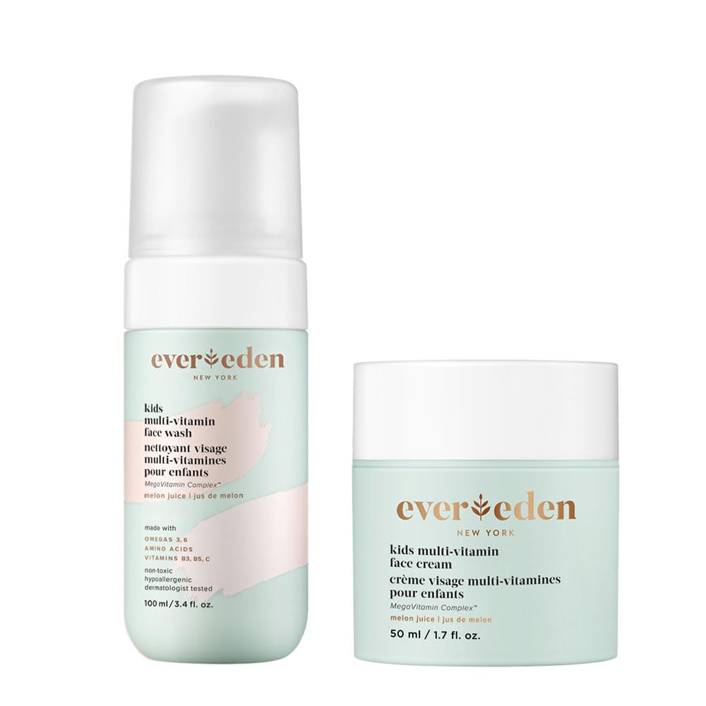 Evereden Kids Happy Face Duo (Melon Juice) - Multi-Vitamin Kids Face Wash & Kids Face Cream Set - Clean & Vegan Skin Care for Kids 3+ - Moisturizing, Nourishing, & Protective Kids Skin Care Set