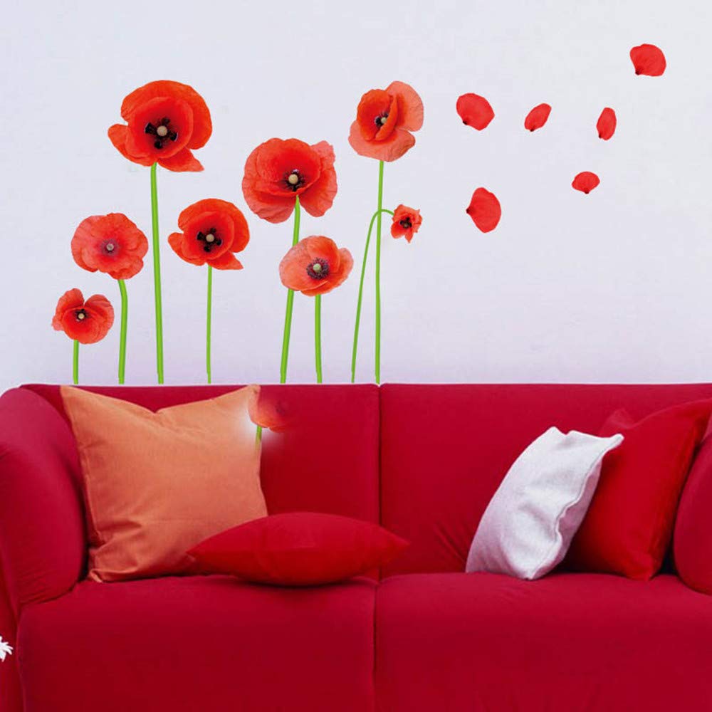 Esmee DIY Red Poppies Beautiful Flowers Vines Stick Wall Decals, Living Room Bedroom Children Room Nursery