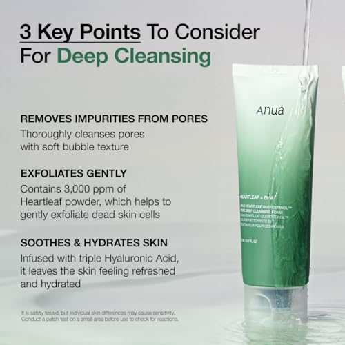 ANUA Heartleaf Quercetinol Pore Deep Cleansing Foam, Facial Cleanser, for Double Cleansing, BHA, Hyaluronic Acid, Glycerin, Face Wash, Blackhead Remover, Korean Skincare (150ml/5.07 fl.oz.)