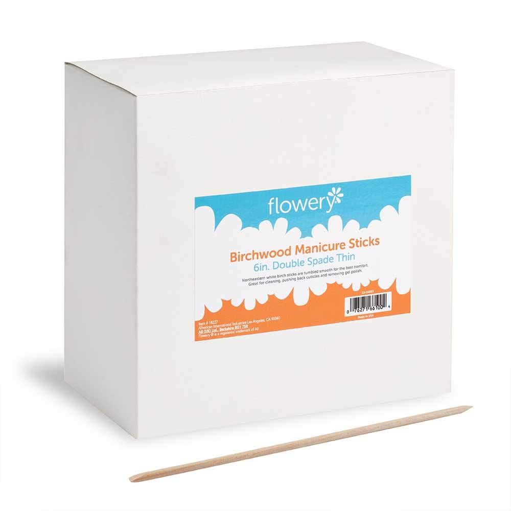 Flowery Birchwood Manicure Sticks, Double Spade Thin, Disposable Cuticle Pusher, 6 Inches, 1000 Count