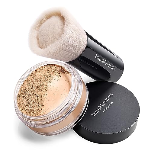 bareMinerals Beautiful Finish Foundation Brush, Foundation Blending Brush, Holds Loose Powder Foundation, Build Coverage, Synthetic Fibers, Vegan